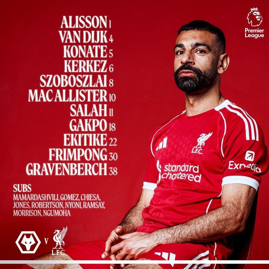 利物浦客战狼队：萨拉赫、埃基蒂克、加克波首发，弗林蓬出战